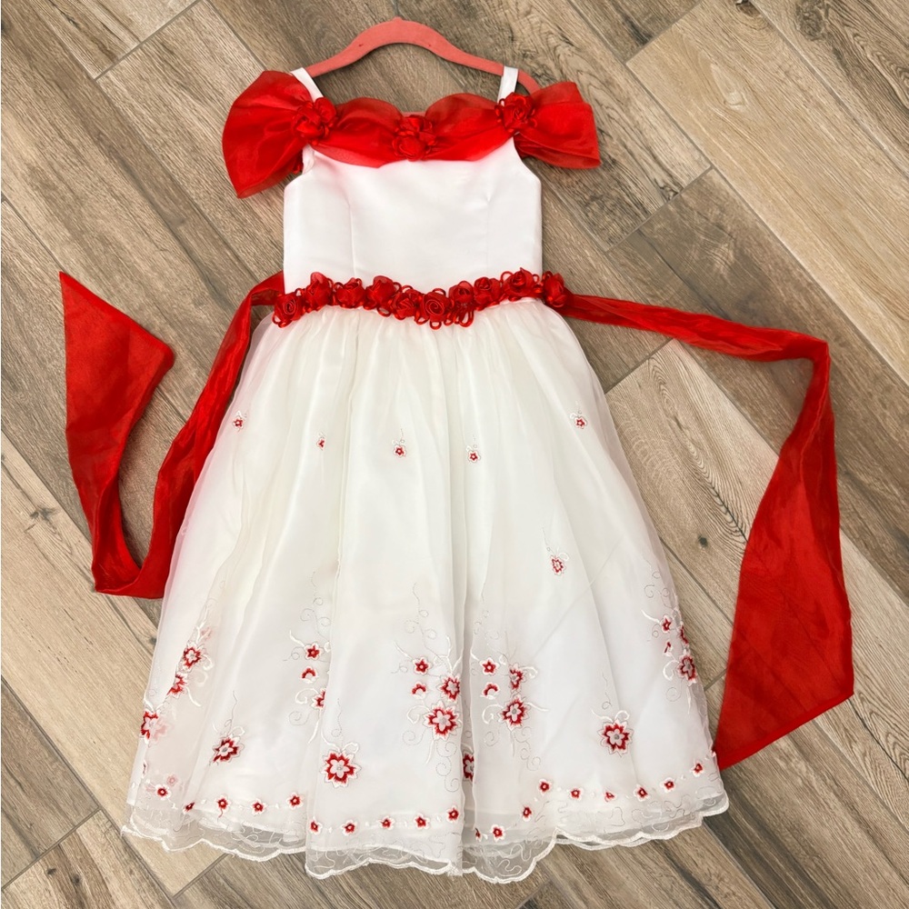 Tip Top RED & White Rose Girls Flower Girl Dress -  Formal Gown - Floral